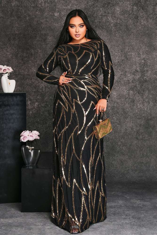 Plus Size Floor-Length Jewel Neck Sequin Evening Dresses with Long Sleeves