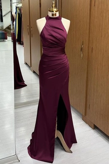 Trendy Floor-Length High Neck Sleeveless Mermaid Satin Prom Dresses with Slit