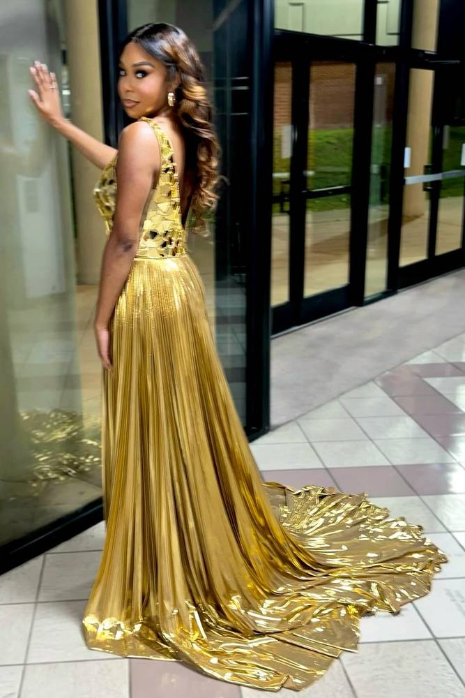 Gold Sequined V-Neck Long A-Line Prom Dresses with Slit