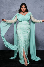 Plus Size Mint Green Chiffon Sequin Mermaid Prom Dresses with Watteau Train