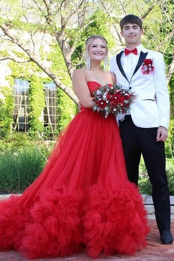 Red Strapless Tulle Long A-Line Wedding Dresses with Ruffles