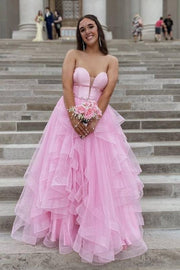 Pink V-Neck Strapless A-Line Tulle Tiered Prom Dresses 