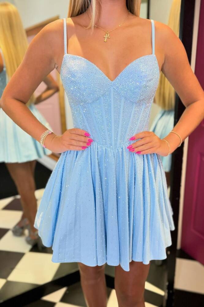 Deluxe Sweetheart Spaghetti Straps Sleeveless Light Blue Short A-Line Sequined Homecoming Dress