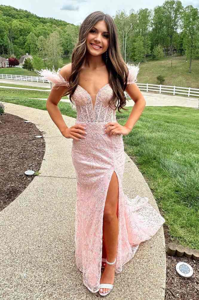 Pink Mermaid Lace Off-The-Shoulder Split Front Prom Dresses with Fur