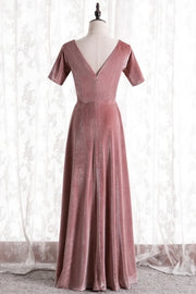 Pink Deluxe V-Neck Short Sleeves Floor-Length Velvet Bridesmaid Dresses