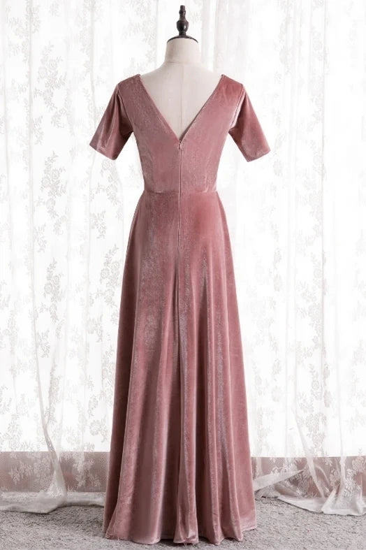 Pink Deluxe V-Neck Short Sleeves Floor-Length Velvet Bridesmaid Dresses