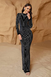 Black Floor-Length Long Sleeves Mermaid Evening Dresses with Rhinestones