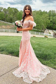 Pink Mermaid Lace Off-The-Shoulder Split Front Prom Dresses with Fur