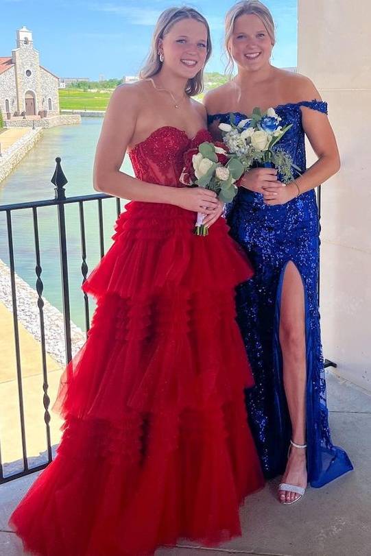 Red Sweetheart Tulle A-Line Prom Dresses with Sweep Train