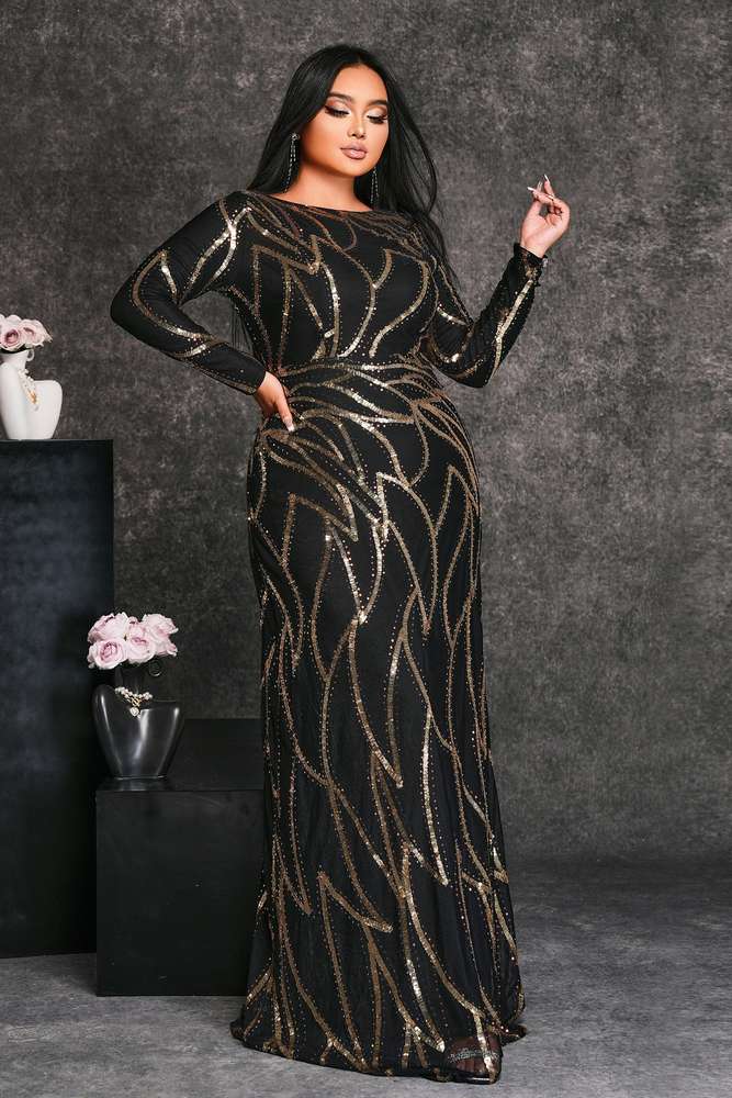 Plus Size Floor-Length Jewel Neck Sequin Evening Dresses with Long Sleeves