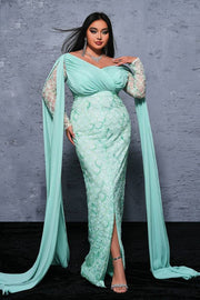 Plus Size Mint Green Chiffon Sequin Mermaid Prom Dresses with Watteau Train