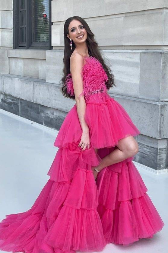 Hi-Lo A-Line Strapless Tulle Prom Dresses with Fur