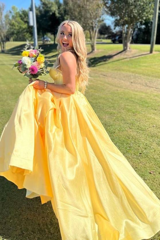 Yellow Sweetheart Strapless Long A-Line Prom Dresses