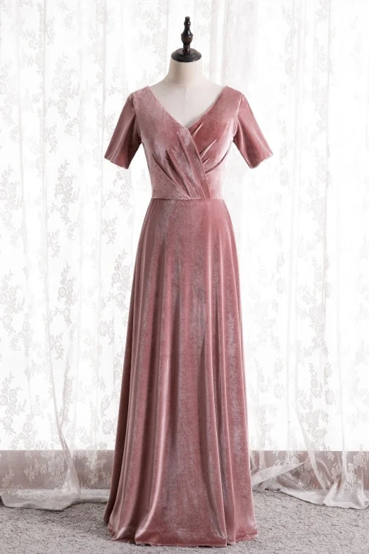 Pink Deluxe V-Neck Short Sleeves Floor-Length Velvet Bridesmaid Dresses