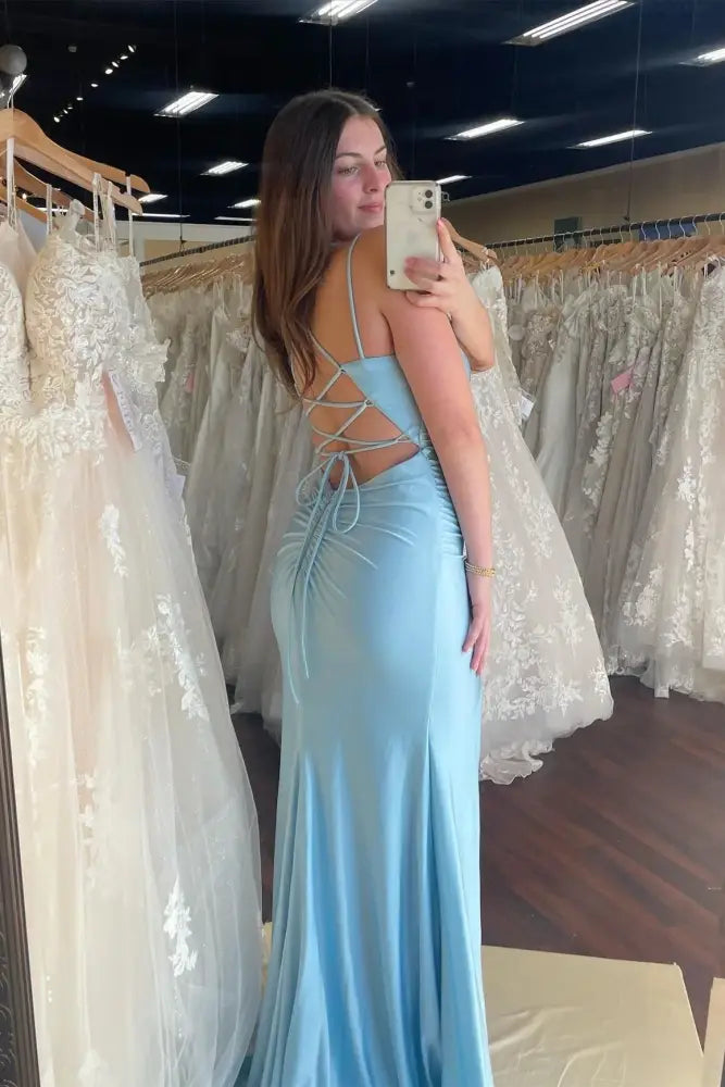 Sky Blue Long Mermaid Criss Cross Straps Satin Evening Dresses with Slit