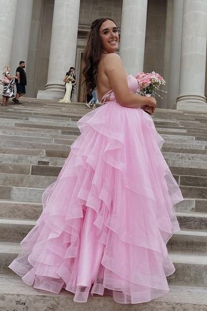 Pink V-Neck Strapless A-Line Tulle Tiered Prom Dresses 