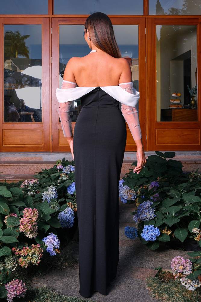 Black Off-The-Shoulder Mermaid Satin Evening Dresses with Slit