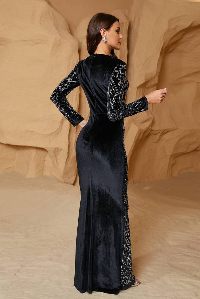 Black Floor-Length Long Sleeves Mermaid Evening Dresses with Rhinestones