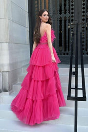 Hi-Lo A-Line Strapless Tulle Prom Dresses with Fur