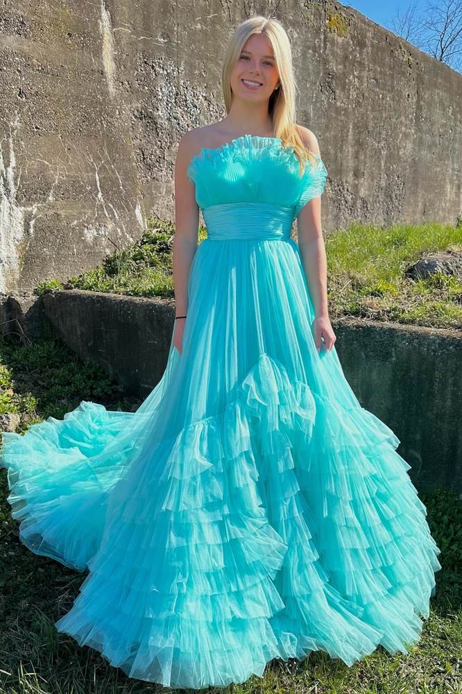 Blue Strapless A Line Tiered Ruffles Tulle Long Prom Dresses with Train