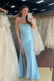 Sky Blue Long Mermaid Criss Cross Straps Satin Evening Dresses with Slit