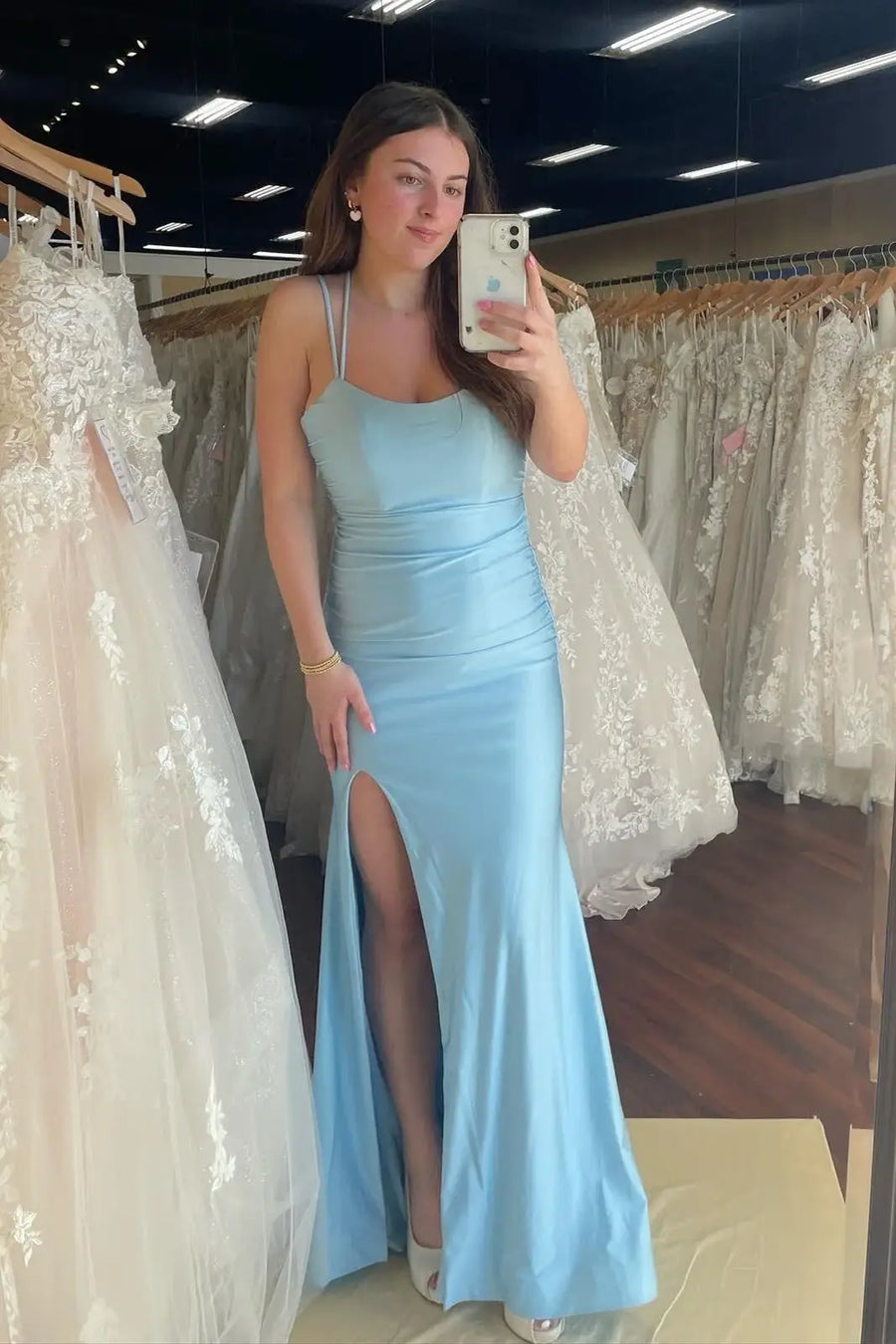 Sky Blue Long Mermaid Criss Cross Straps Satin Evening Dresses with Slit