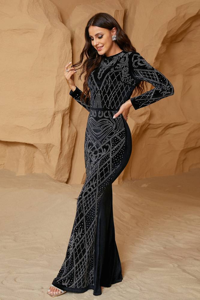 Black Floor-Length Long Sleeves Mermaid Evening Dresses with Rhinestones