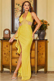 Yellow Sequined Halter Mermaid Evening Dresses with Slit