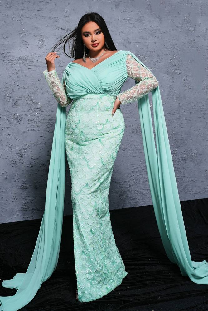 Plus Size Mint Green Chiffon Sequin Mermaid Prom Dresses with Watteau Train