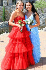 Red Sweetheart Tulle A-Line Prom Dresses with Sweep Train