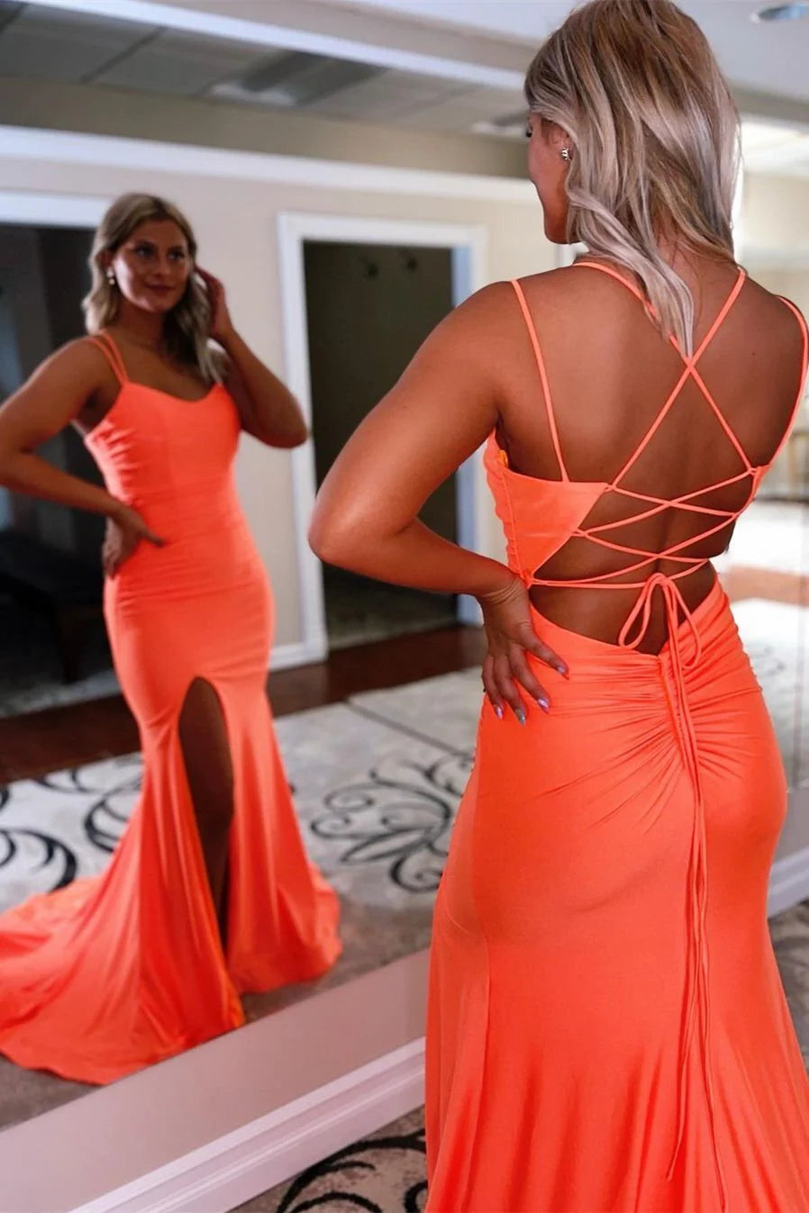 Orange Long Mermaid Criss Cross Straps Satin Evening Dresses with Slit