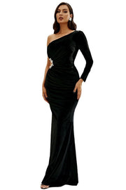 Black One-Shoulder Long Sleeves Mermaid Velvet Evening Dresses