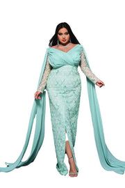 Plus Size Mint Green Chiffon Sequin Mermaid Prom Dresses with Watteau Train