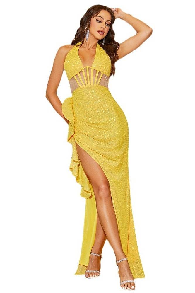 Yellow Sequined Halter Mermaid Evening Dresses with Slit