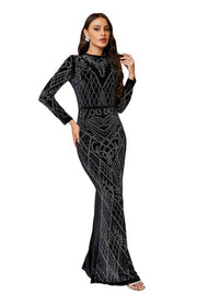 Black Floor-Length Long Sleeves Mermaid Evening Dresses with Rhinestones