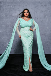 Plus Size Mint Green Chiffon Sequin Mermaid Prom Dresses with Watteau Train