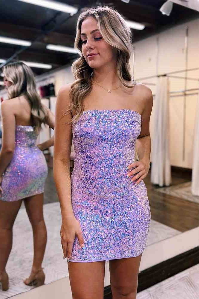 Lavender Strapless Sequined Short Tight Homecoming Dresses