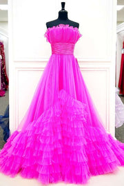 Fuchsia Strapless A Line Tiered Ruffles Tulle Long Prom Dresses with Train