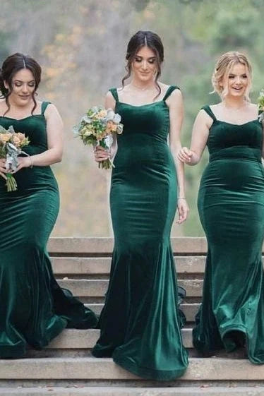 Dark Green Mermaid Velvet Sleeveless Bridesmaid Dresses