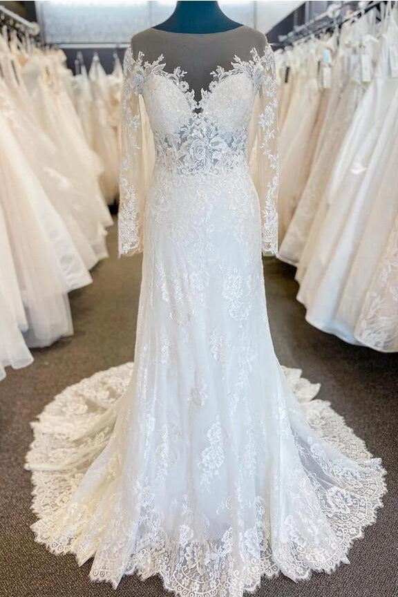 Elegant Jewel Neck A-Line Long Sleeves White Lace Tulle Long Wedding Dresses with Appliques