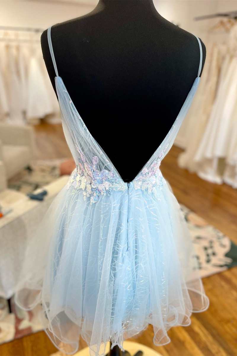 Sky Blue Deep V-Neck Backless A-Line Short Tulle Homecoming Dresses with Appliques