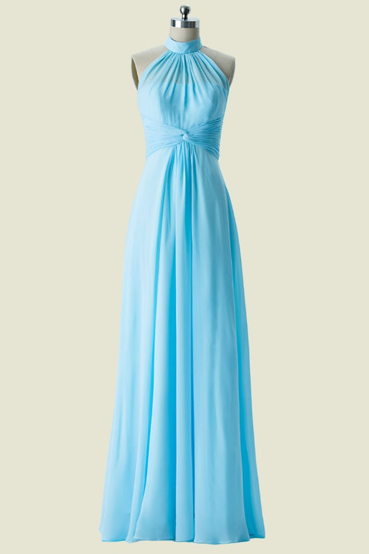 Blue Halter Neck A Line Pleated Chiffon Long Bridesmaid Dress Front Side