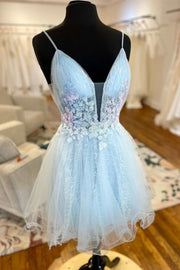 Sky Blue Deep V-Neck Backless A-Line Short Tulle Homecoming Dresses with Appliques