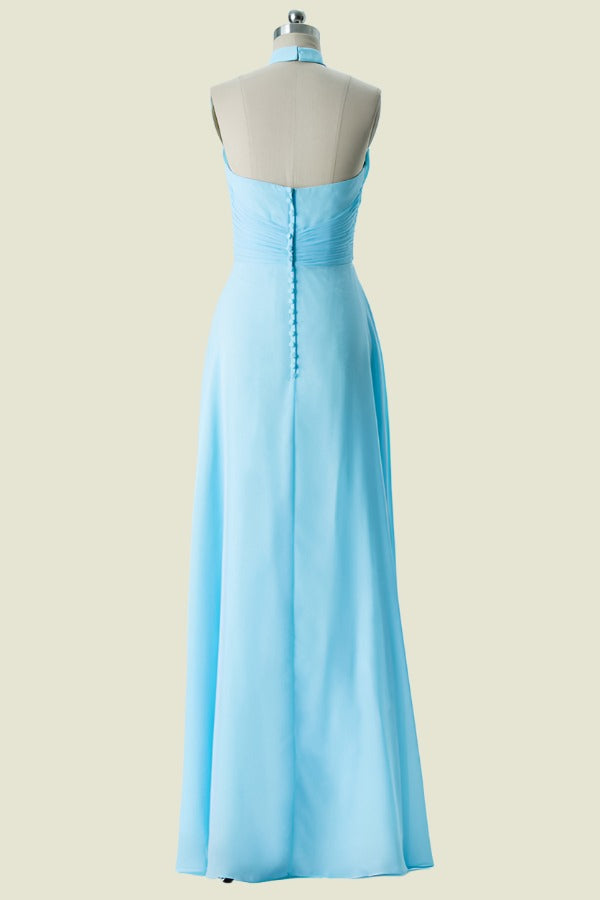 Pool Halter Sleeveless A-Line Chiffon Bridesmaid Dresses with Open Back