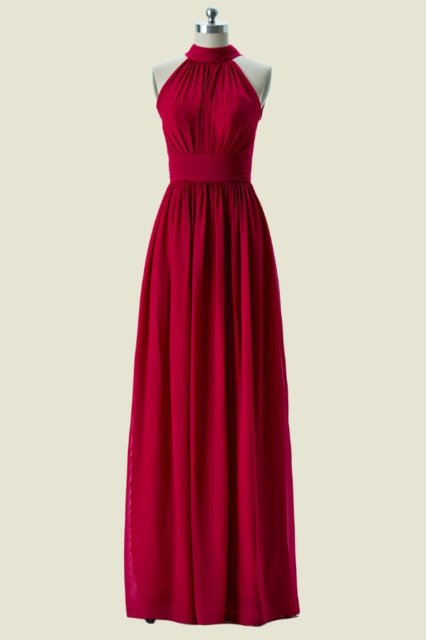 Red Floor-Length High Neck Sleeveless A-Line Chiffon Bridesmaid Dresses