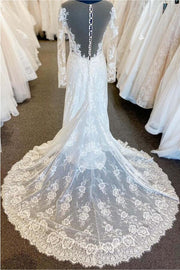 Elegant Jewel Neck A-Line Long Sleeves White Lace Tulle Long Wedding Dresses with Appliques