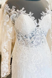 Elegant Jewel Neck A-Line Long Sleeves White Lace Tulle Long Wedding Dresses with Appliques