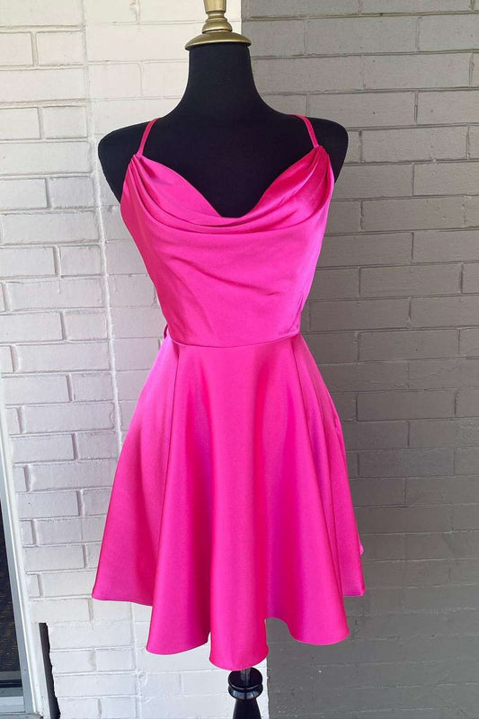 Neon Pink Cowl Neck Lace-Up Short Homecoming Dress Front Side