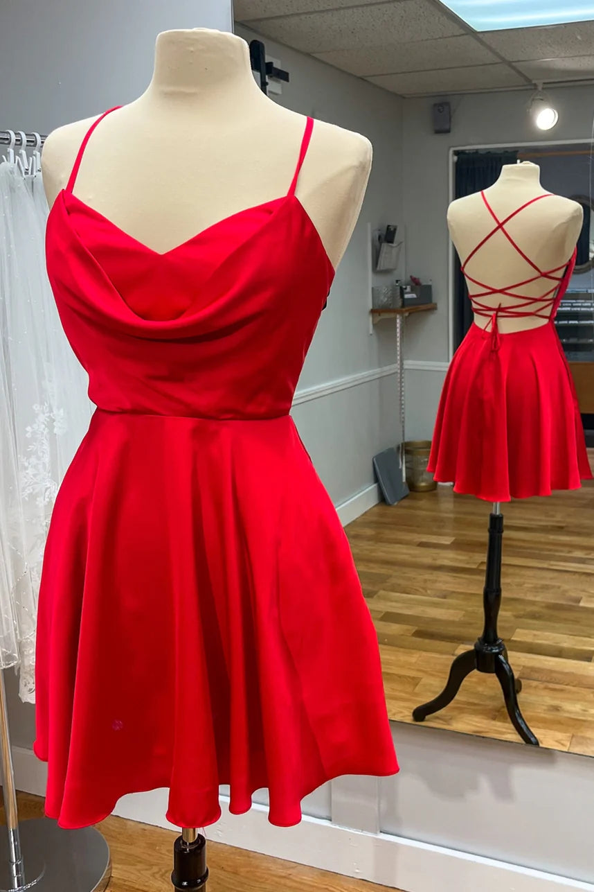 Red Cowl Neck Spaghetti Straps Satin A-Line Short Homecoming Dresses