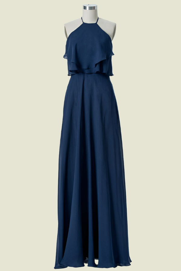 Floor-Length Halter A-Line Chiffon Bridesmaid Dresses with Open Back